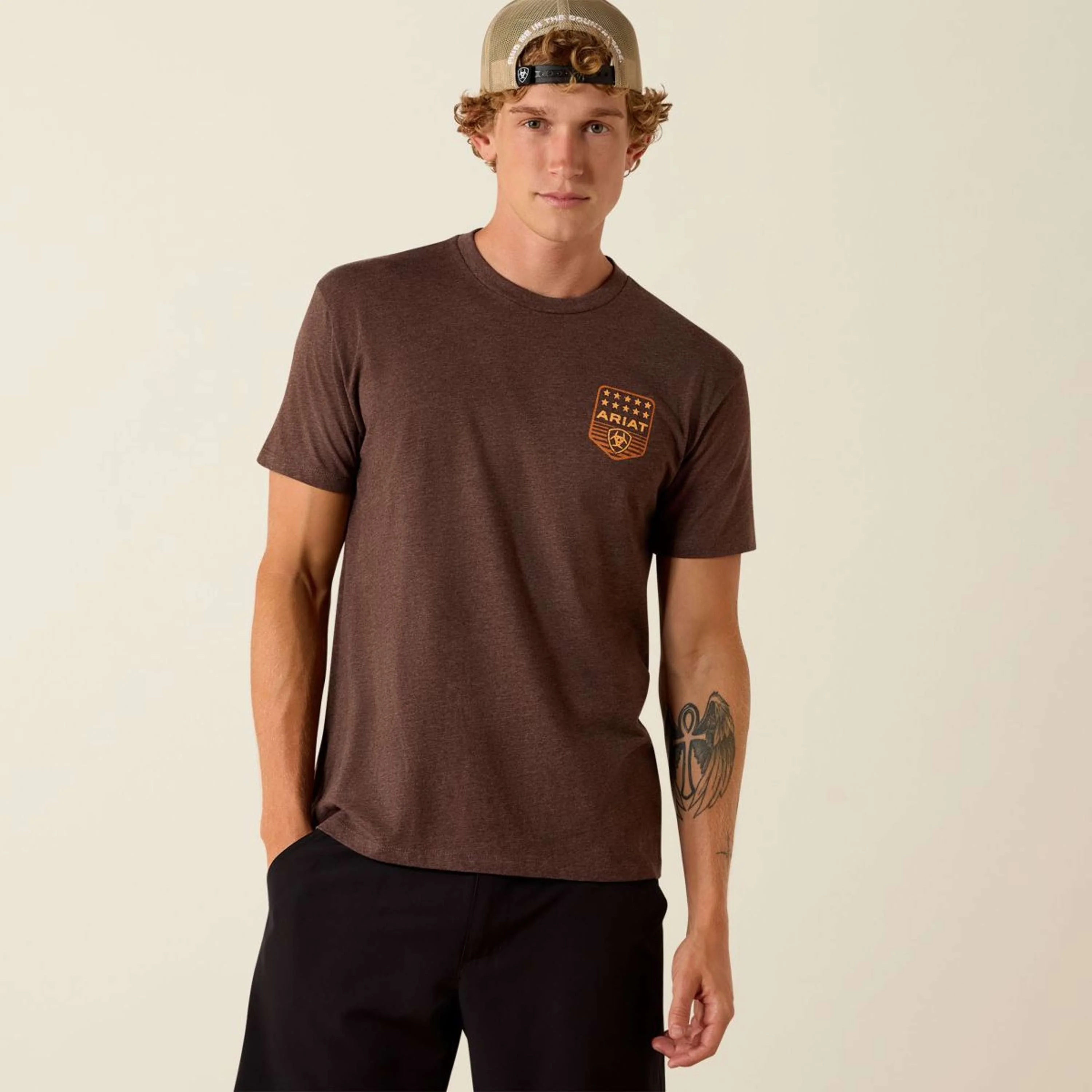 Ariat T-Shirt Strip Patriotic Badge Tee Hommes Brown Heather